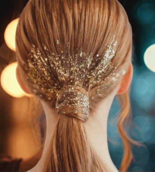 extension-safe holiday hair in a ponytail with hair glitter